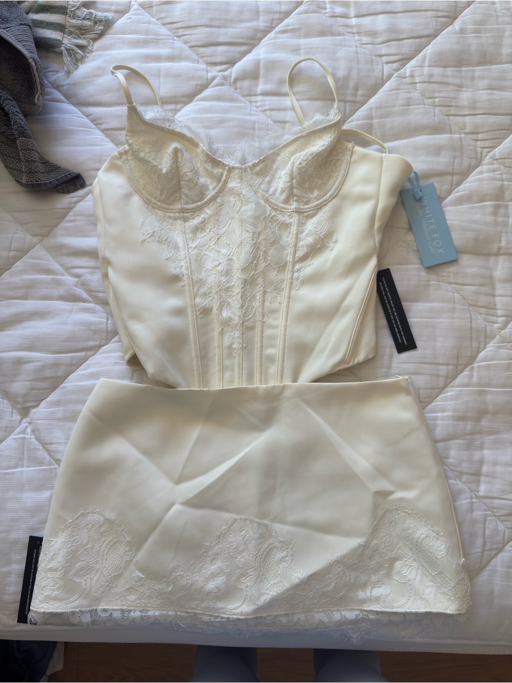 White Fox Boutique Cream Lace Corset & Mini Skirt Set